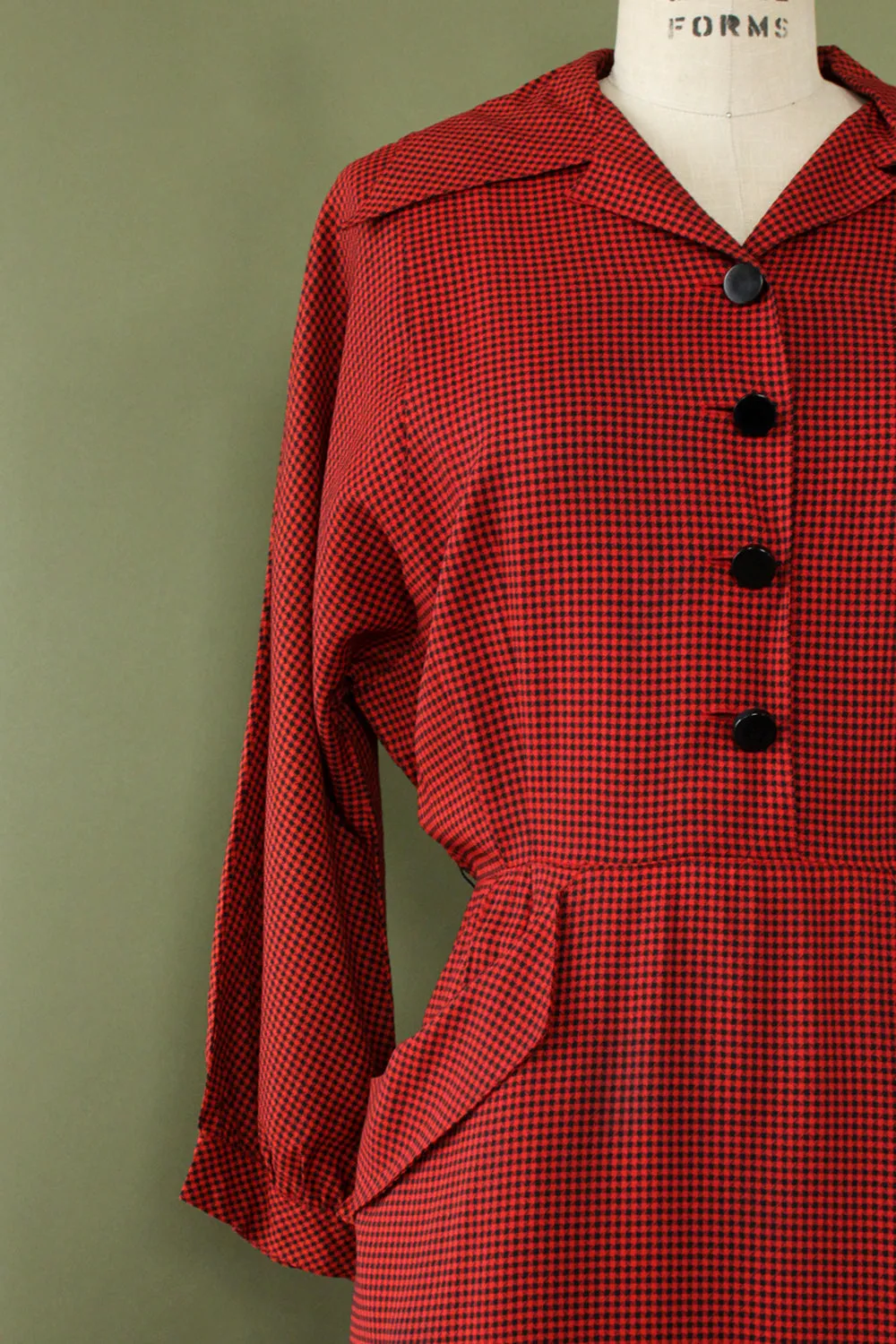 1940s Vermillion Checkered Dress L