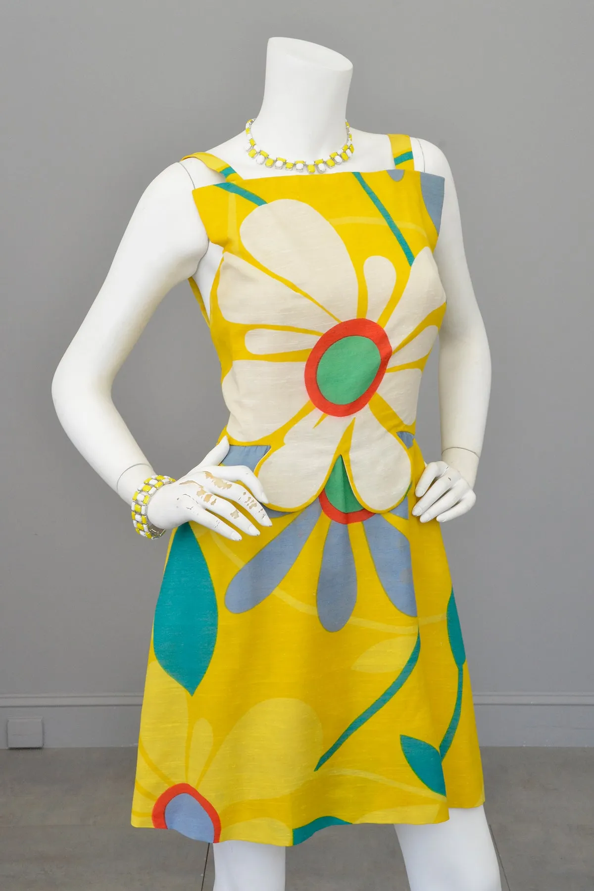 1960s 70s Flower Power Jumper Mini Sundress by Arnold Scaasi