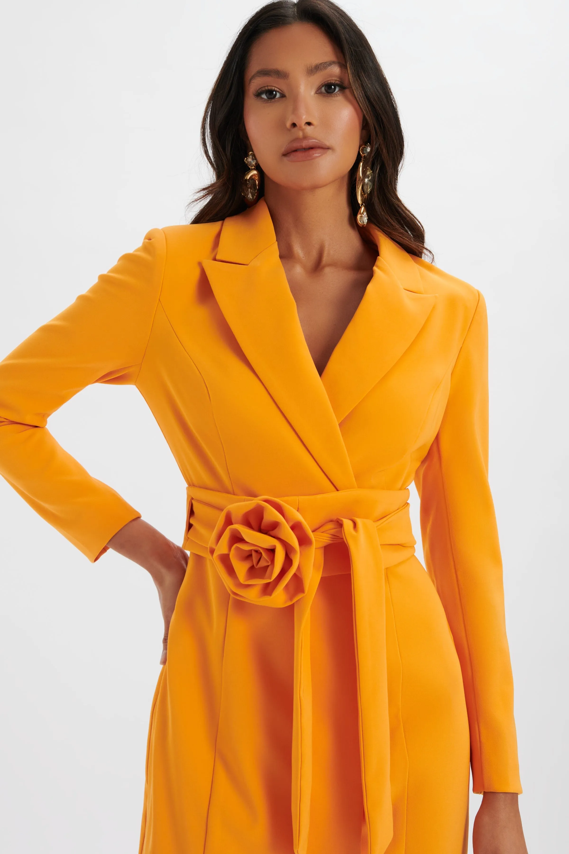 ADYA Rosette Belted Blazer Mini Dress in Orange