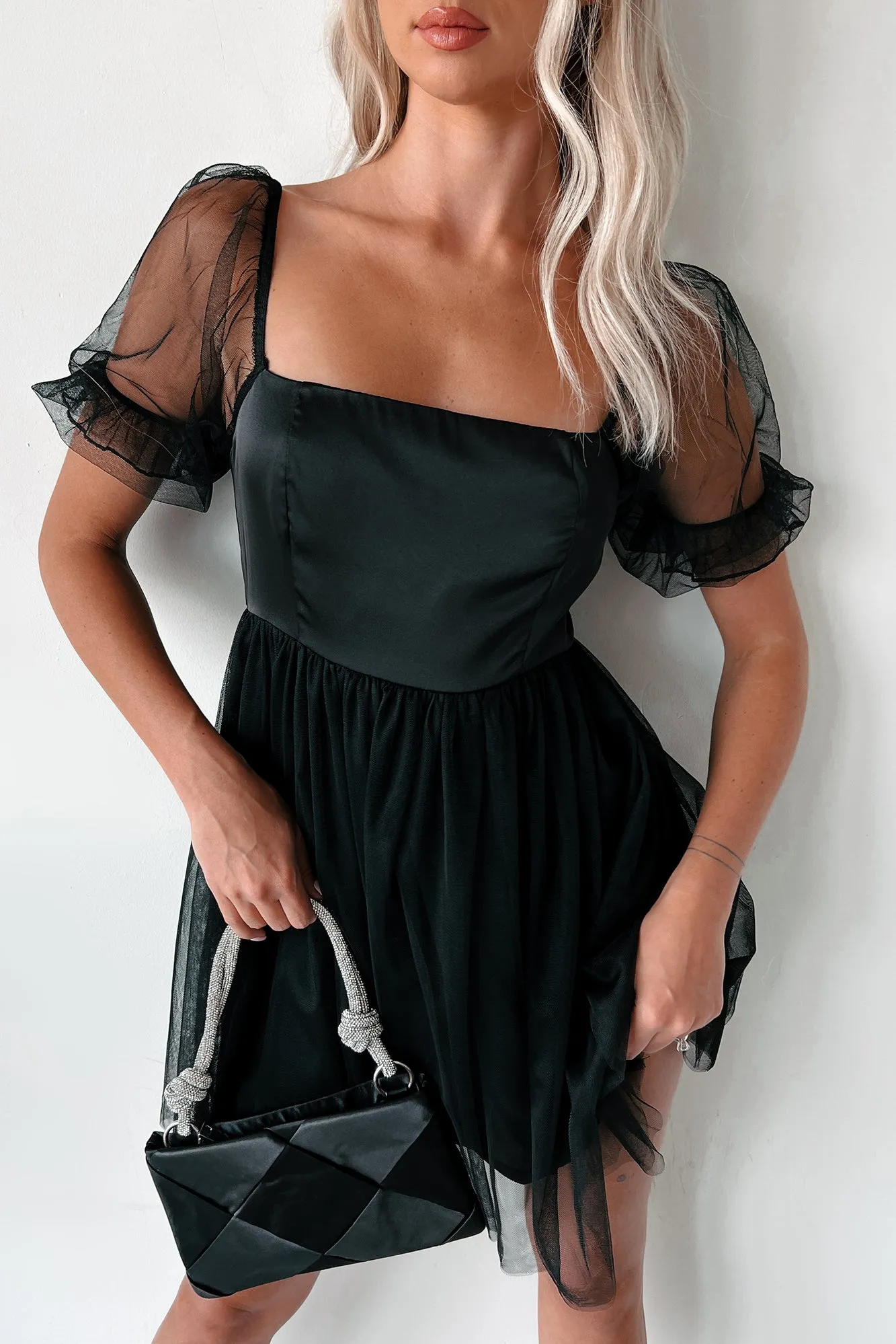 Amirah Tulle Mesh Babydoll Dress (Black)