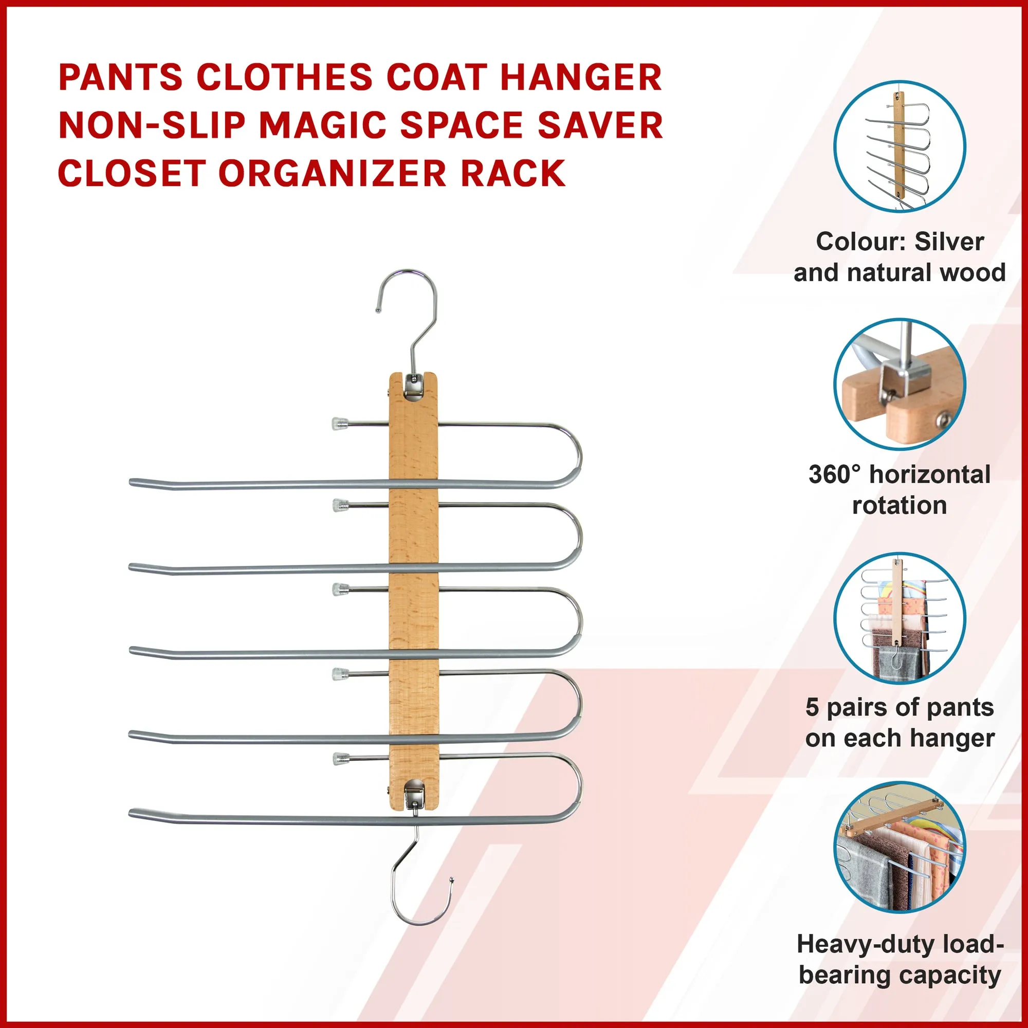 Anti-Slip Wooden Pants Hangers for 5 Pairs With Rotating Hook