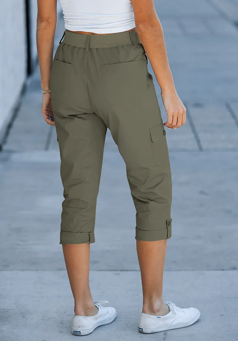 Army Green Women's High Wasited Cargo Pants Cuffed Hem Elastic Waist Capri Pants With Pockets