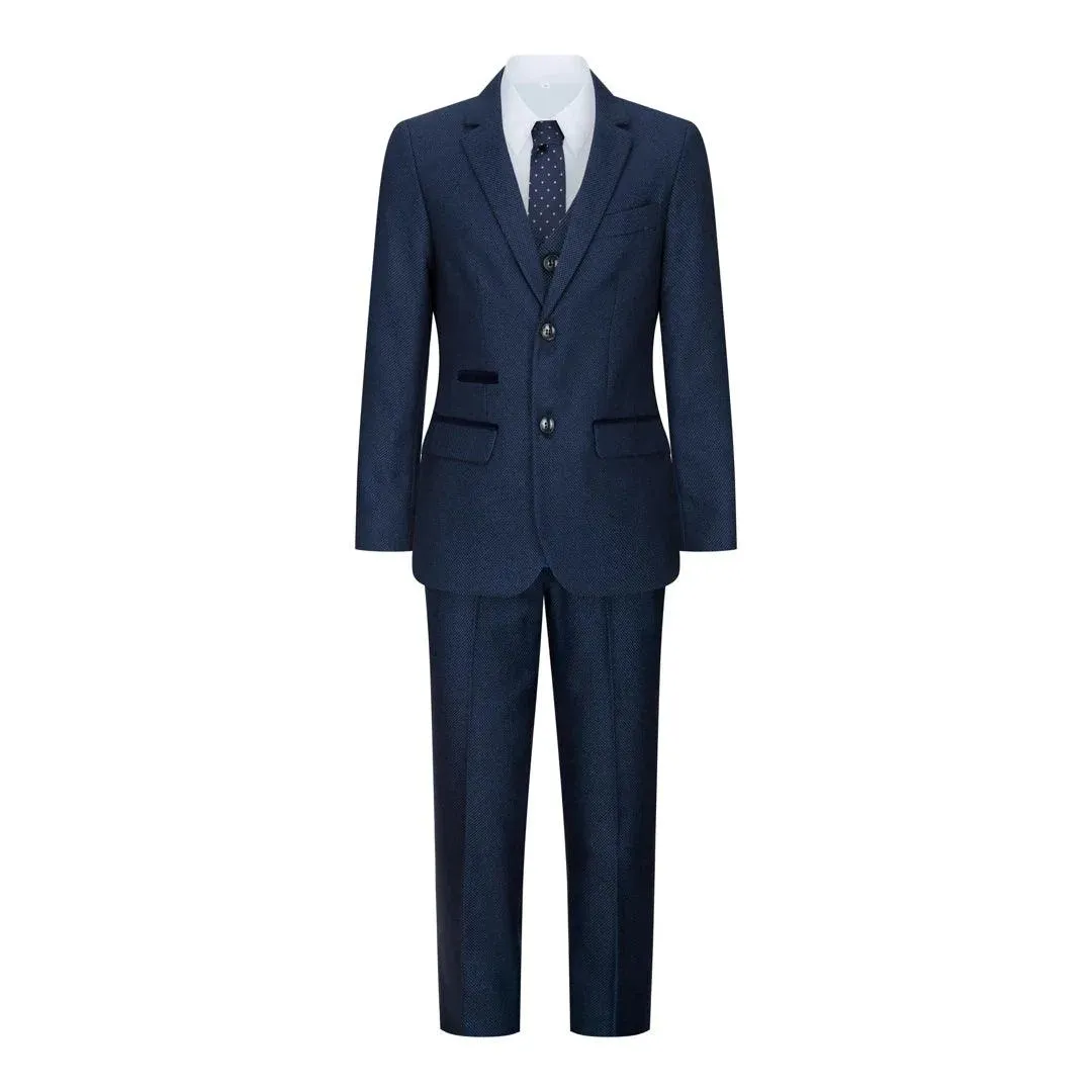 arthur- Men's Boys Navy Blue 3 Piece Suit Birdseye Suit Wedding Prom