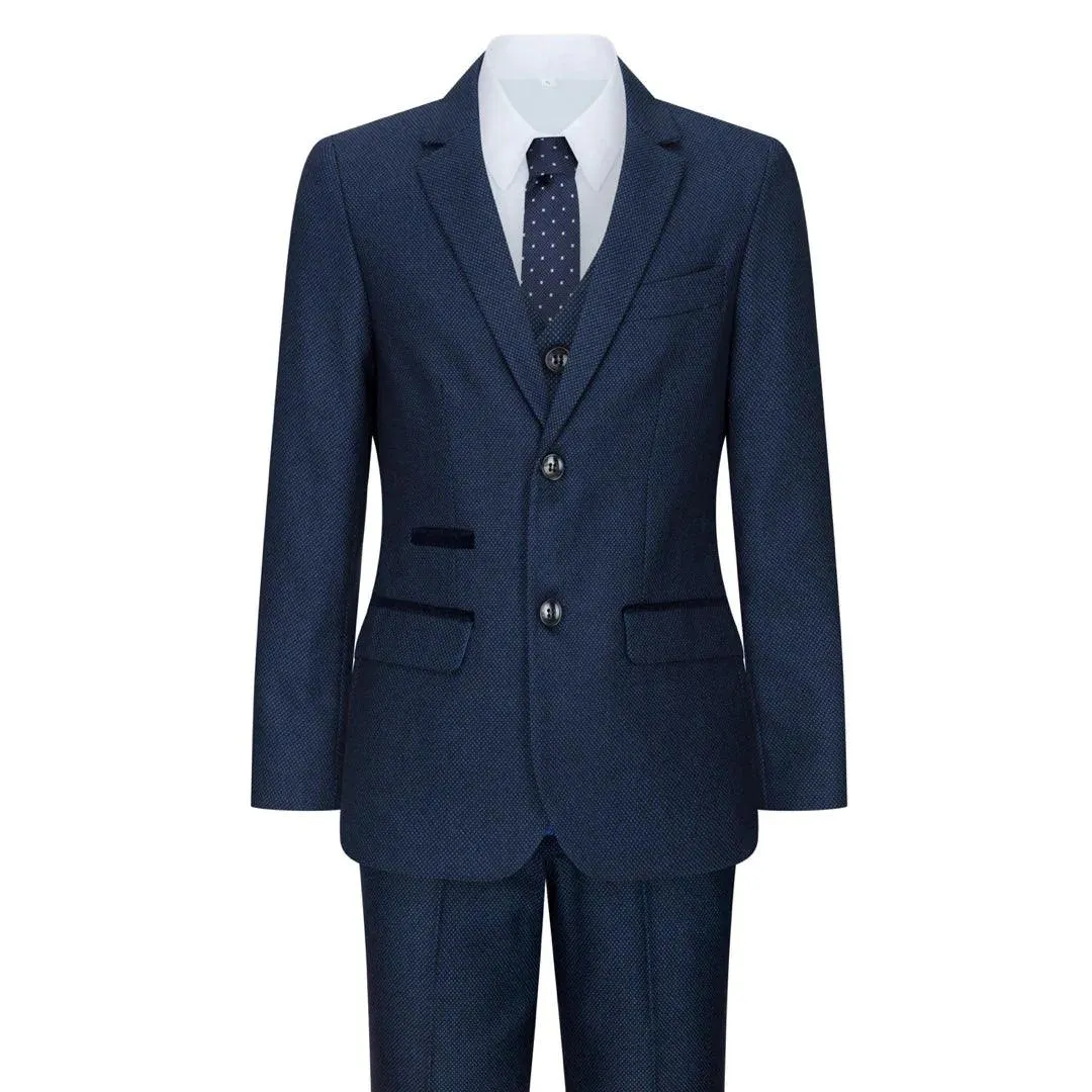 arthur- Men's Boys Navy Blue 3 Piece Suit Birdseye Suit Wedding Prom