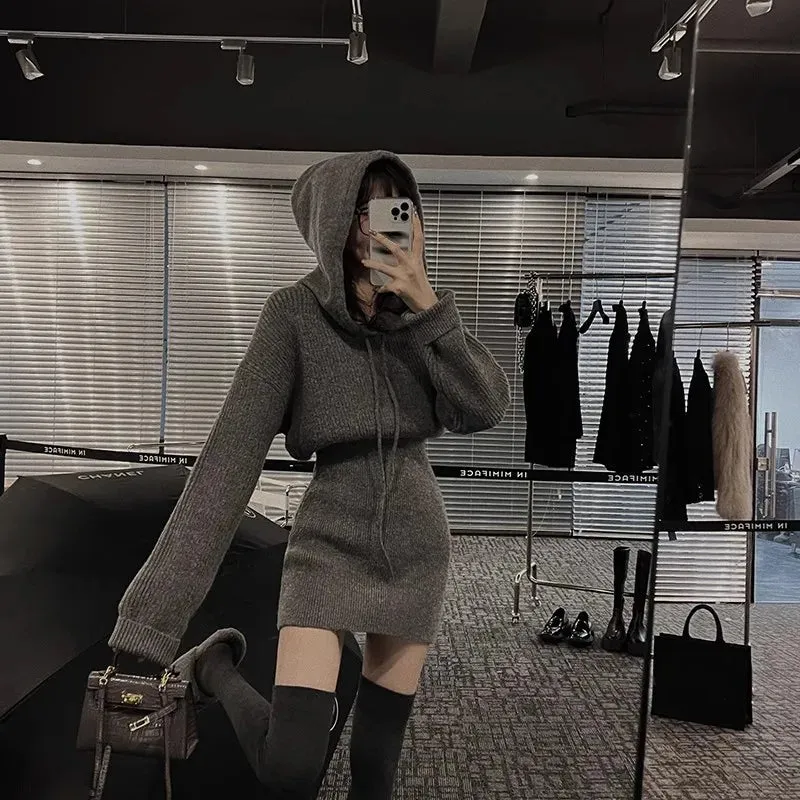 Autumn Winter Knit Knitted Bodycon Wrap Mini Hooded Dress Women Vintage Casual Sport Short Dresses Female