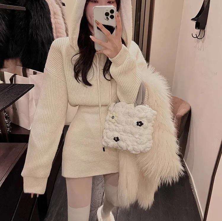 Autumn Winter Knit Knitted Bodycon Wrap Mini Hooded Dress Women Vintage Casual Sport Short Dresses Female