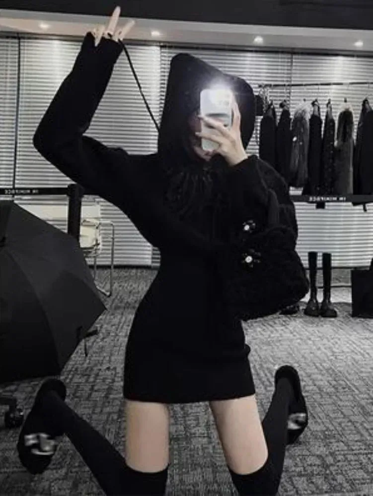 Autumn Winter Knit Knitted Bodycon Wrap Mini Hooded Dress Women Vintage Casual Sport Short Dresses Female