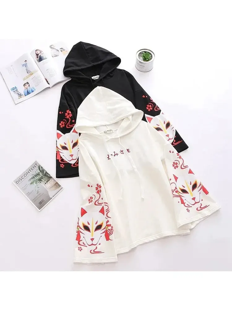 Black Letter Embroidery Cartoon Print Women Hoodies Autumn Flare Sleeve Drawstring Hooded Sweatshirts Ladies Korean Tops