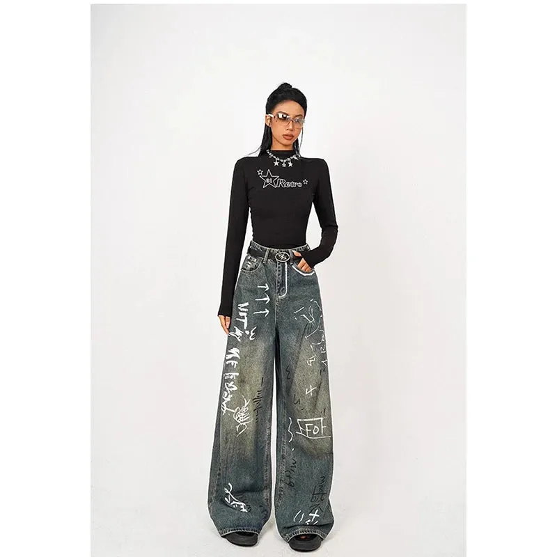 Blue Graffiti Hip Hop Streetwear High Waist Wide Leg Fashion Winter Straight Jeans