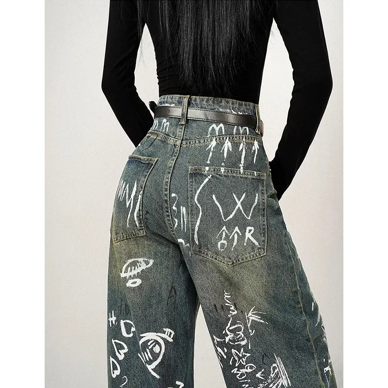 Blue Graffiti Hip Hop Streetwear High Waist Wide Leg Fashion Winter Straight Jeans