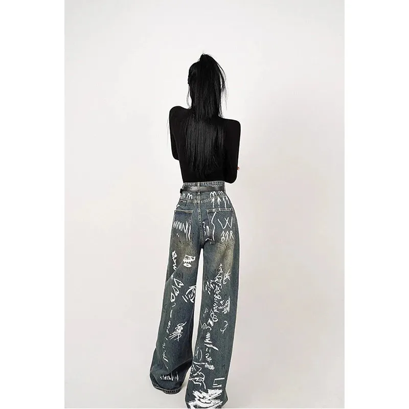 Blue Graffiti Hip Hop Streetwear High Waist Wide Leg Fashion Winter Straight Jeans