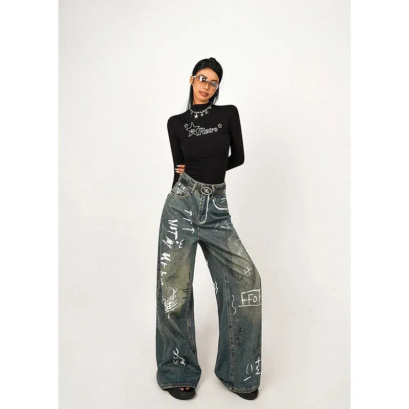 Blue Hip Fashion Winter Leg Streetwear High Waist Straight Wide Hop Graffiti Jeans