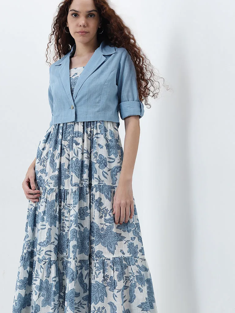 Bombay Paisley Dusty Blue Tiered Cotton Dress with Jacket