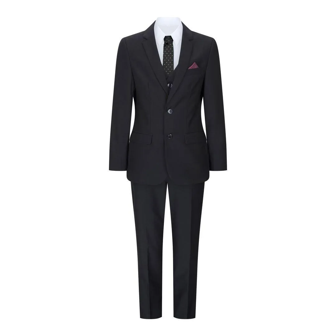 Boys 3 Piece Black Tailored Fit Complete Suit Classic Wedding Mourning Funeral