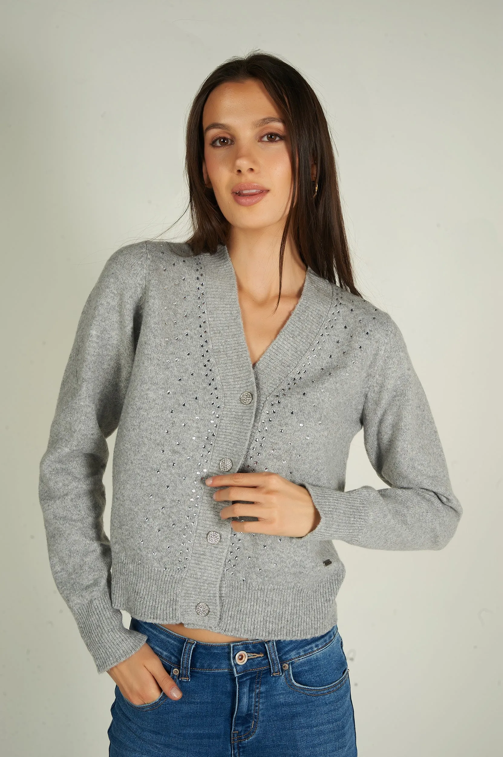 Cardigan en tricot avec pierres - CLOVER - (E-A6)