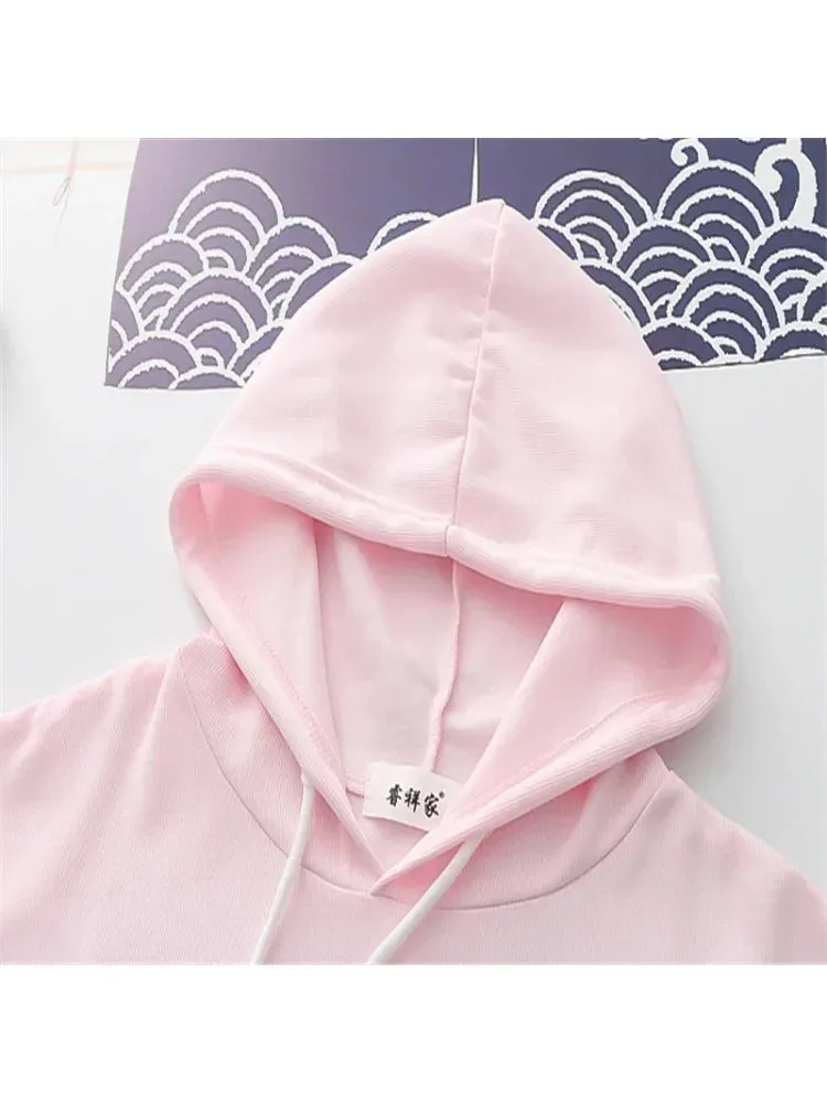 Cartoon Bear Print Cotton Hoodies Women 2024 Spring Flare Sleeve Drawstring Hooded Sweatshirt Sweet Style Female Kawaii Tops