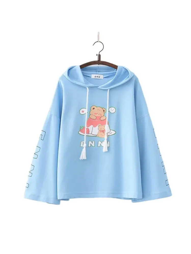 Cartoon Bear Print Cotton Hoodies Women 2024 Spring Flare Sleeve Drawstring Hooded Sweatshirt Sweet Style Female Kawaii Tops