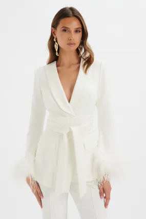 CELIA Feather Cuff Blazer Jacket In White