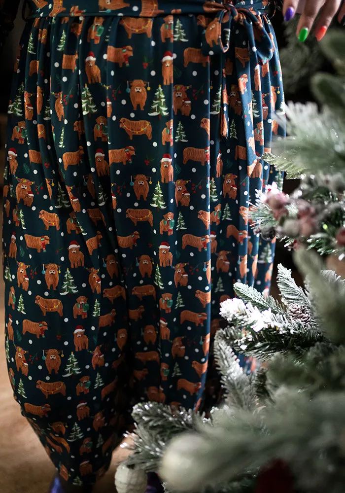 Chestnut Christmas Cows Print Midi Dress