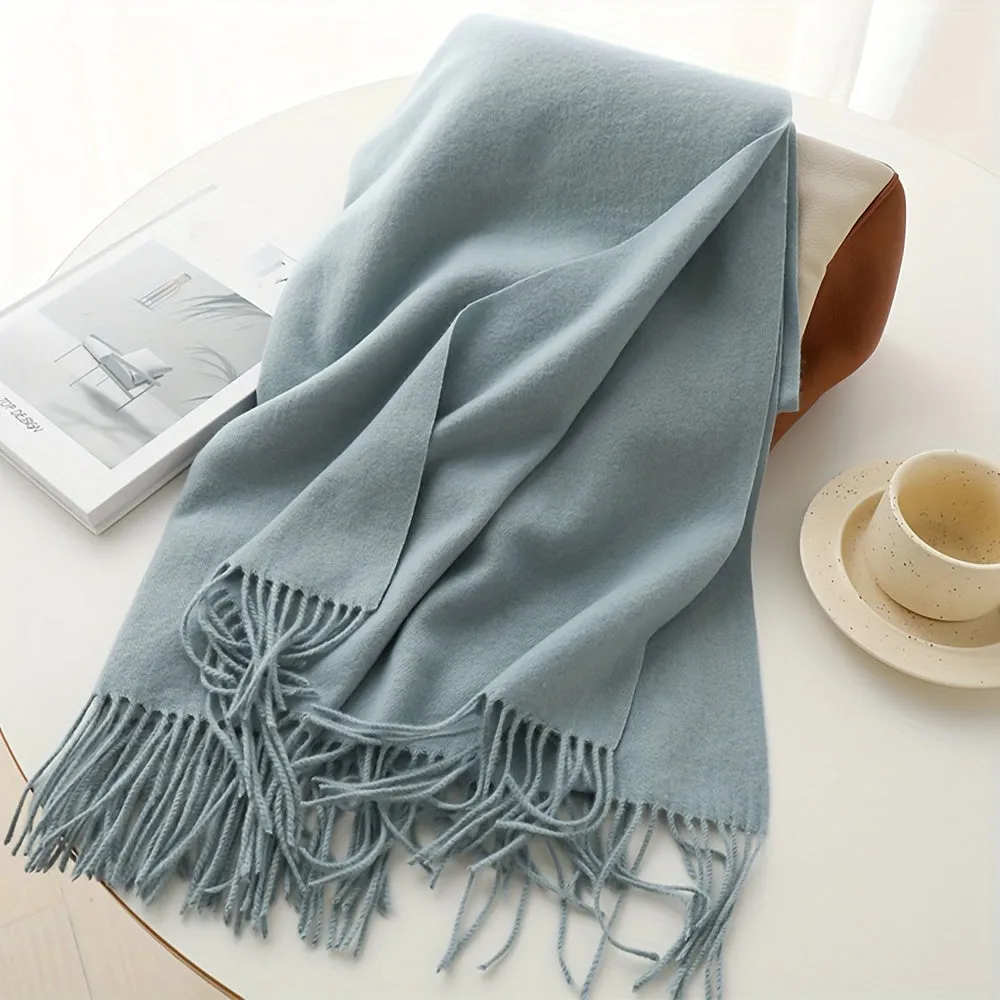 Chic Faux Cashmere Knit Scarf with Tassels - Cozy, Warm & Windproof for Winter | Solid Color, Non-Stretch Polyester