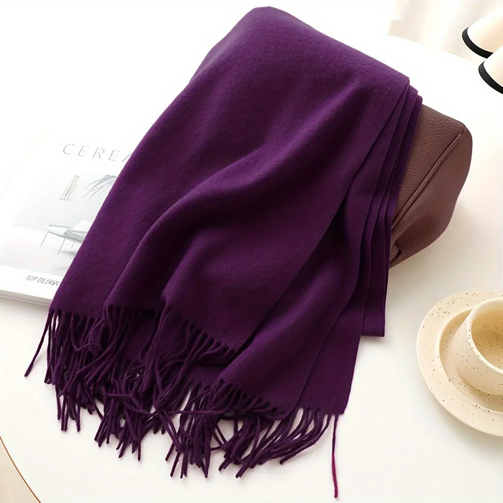 Chic Faux Cashmere Knit Scarf with Tassels - Cozy, Warm & Windproof for Winter | Solid Color, Non-Stretch Polyester