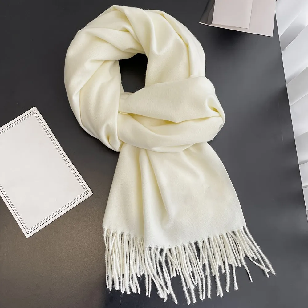 Chic Faux Cashmere Knit Scarf with Tassels - Cozy, Warm & Windproof for Winter | Solid Color, Non-Stretch Polyester