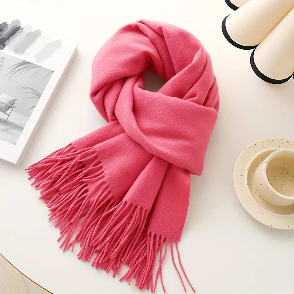 Chic Faux Cashmere Knit Scarf with Tassels - Cozy, Warm & Windproof for Winter | Solid Color, Non-Stretch Polyester