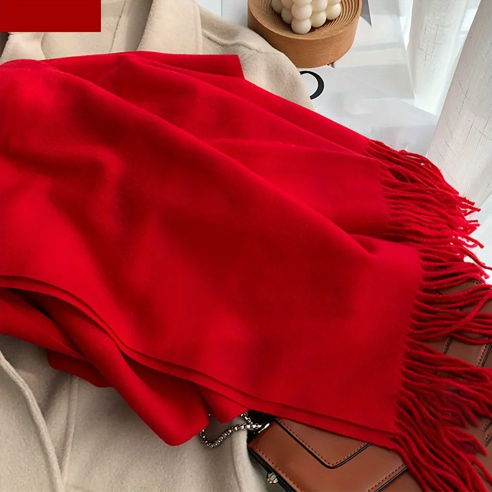 Chic Faux Cashmere Knit Scarf with Tassels - Cozy, Warm & Windproof for Winter | Solid Color, Non-Stretch Polyester