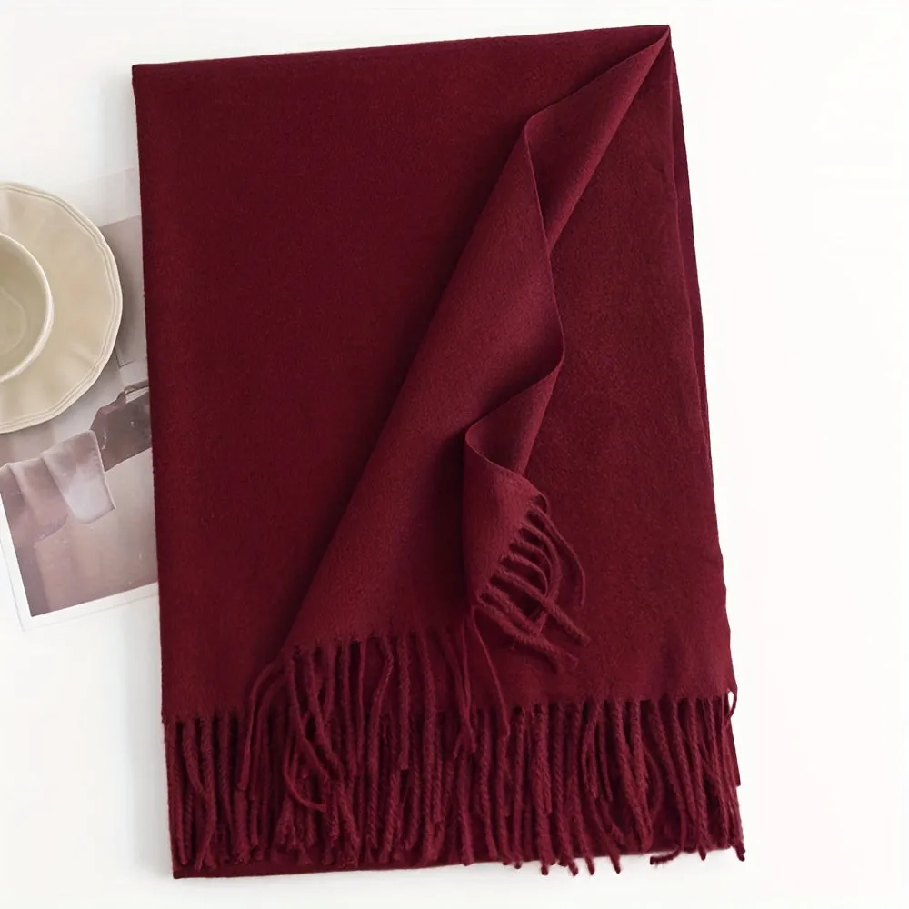 Chic Faux Cashmere Knit Scarf with Tassels - Cozy, Warm & Windproof for Winter | Solid Color, Non-Stretch Polyester