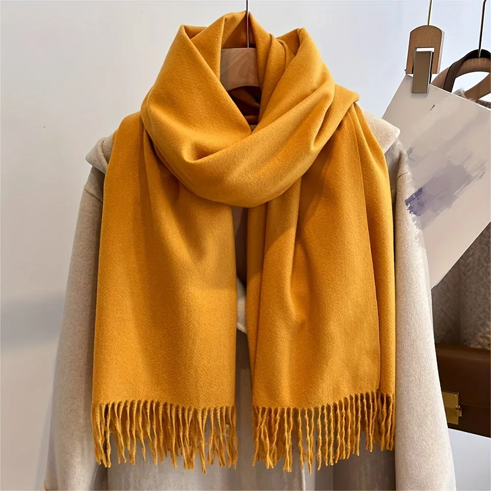 Chic Faux Cashmere Knit Scarf with Tassels - Cozy, Warm & Windproof for Winter | Solid Color, Non-Stretch Polyester