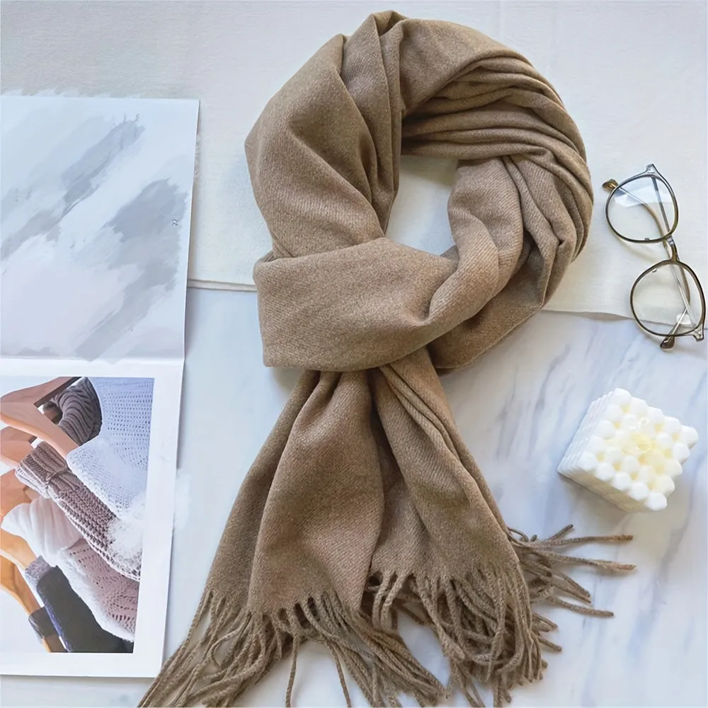 Chic Faux Cashmere Knit Scarf with Tassels - Cozy, Warm & Windproof for Winter | Solid Color, Non-Stretch Polyester