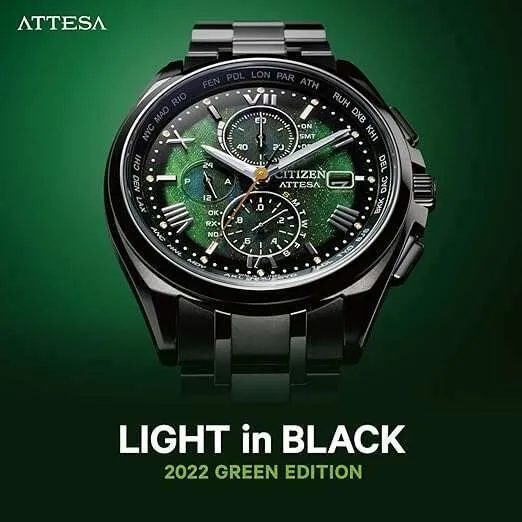 CITIZEN ATTESA CHRONOGRAPH LIGHT IN BLACK 2022 GREEN EDITION MEN WATCH (1500 LIMITED) AT8049-61W