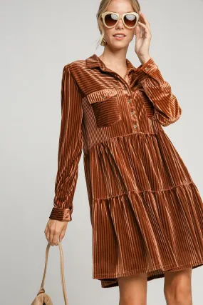 Copper Texture Tiered Collared Long Sleeve Dress