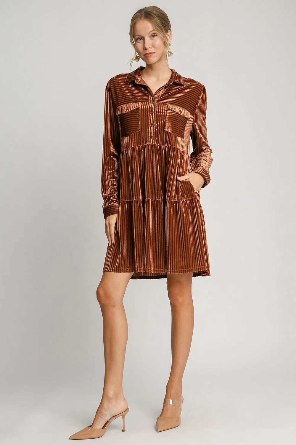 Copper Texture Tiered Collared Long Sleeve Dress