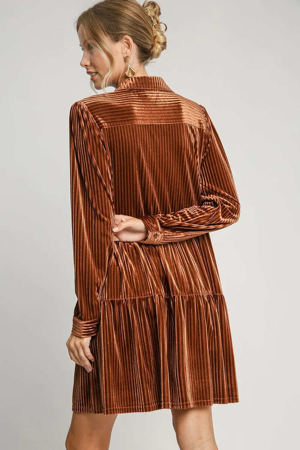 Copper Texture Tiered Collared Long Sleeve Dress