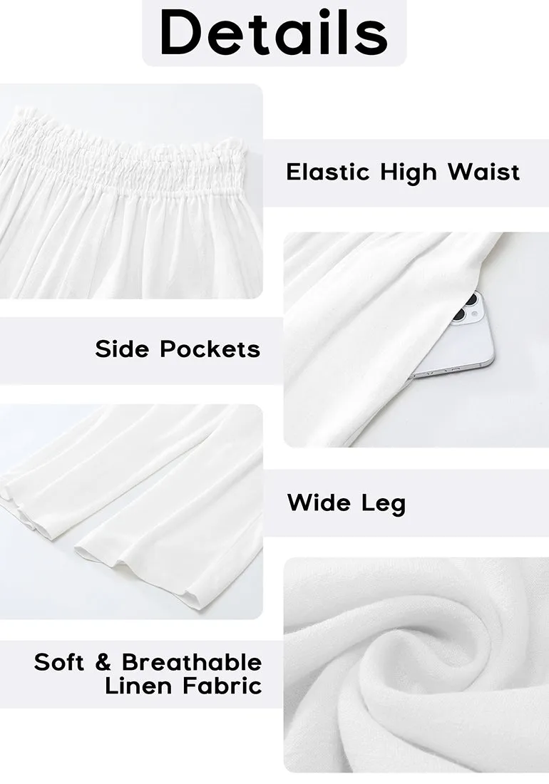 Cream White Women's High Waisted Wide Leg Elastic Waist Linen Palazzo Pants Pull On Smock Waist Baggy Fit Trousers