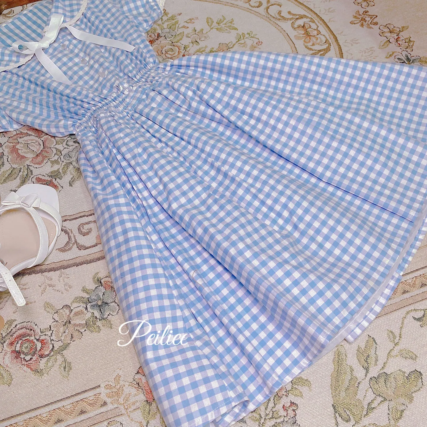 [Customized] Cloud Sailor Blue Gingham Babydoll Dress