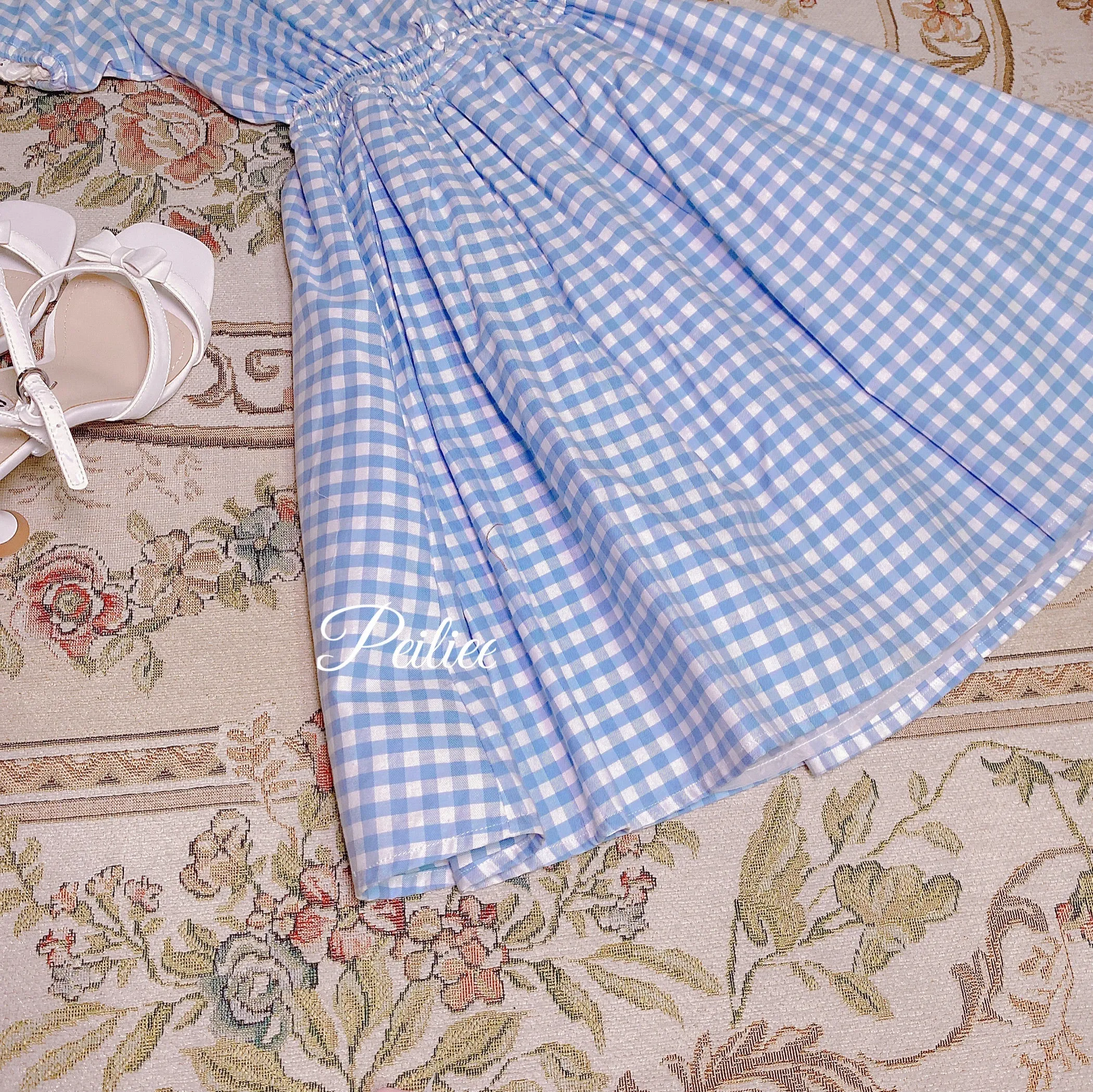 [Customized] Cloud Sailor Blue Gingham Babydoll Dress