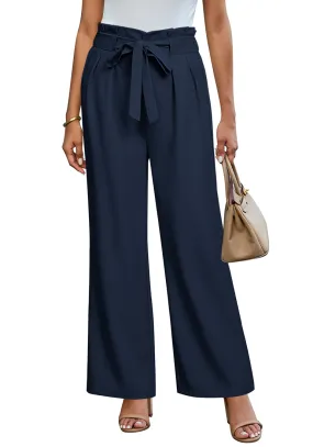 Dark Blue Women's Brief Elastic Waist High Waisted Wide Leg Pant with Belt