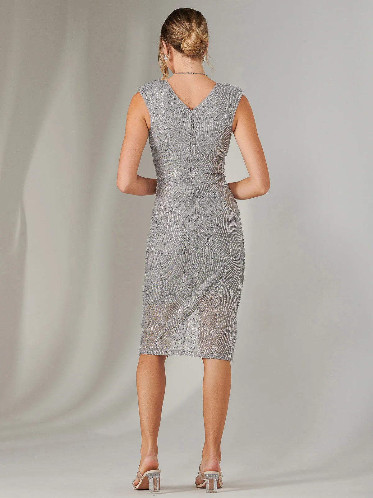 Demi Sequin Wrap Slit Bodycon Dress, Silver Grey