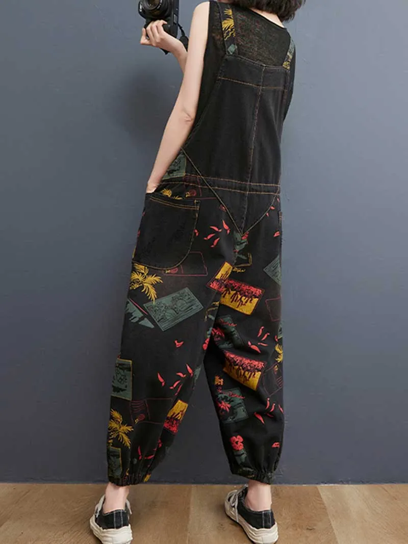 Denim Printed Women's Nine-Point Pants High Waist Overalls Dungaree