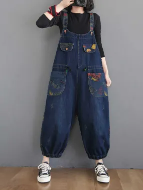 Denim Printed Women's Nine-Point Pants High Waist Overalls Dungaree