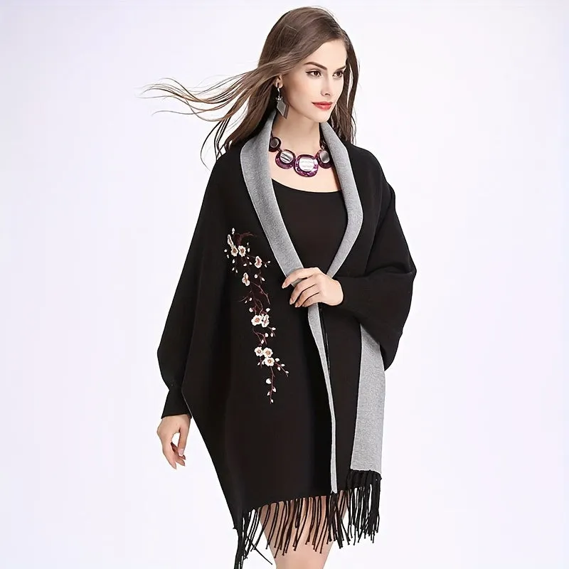 Exquisite Plum Blossom Embroidered Shawl Scarf - Reversible Solid Color with Tassel Detail - Luxurious Cape-Style Knit Wrap for Ultimate Warmth & Windproof Style - 1 Complimentary Brooch Included