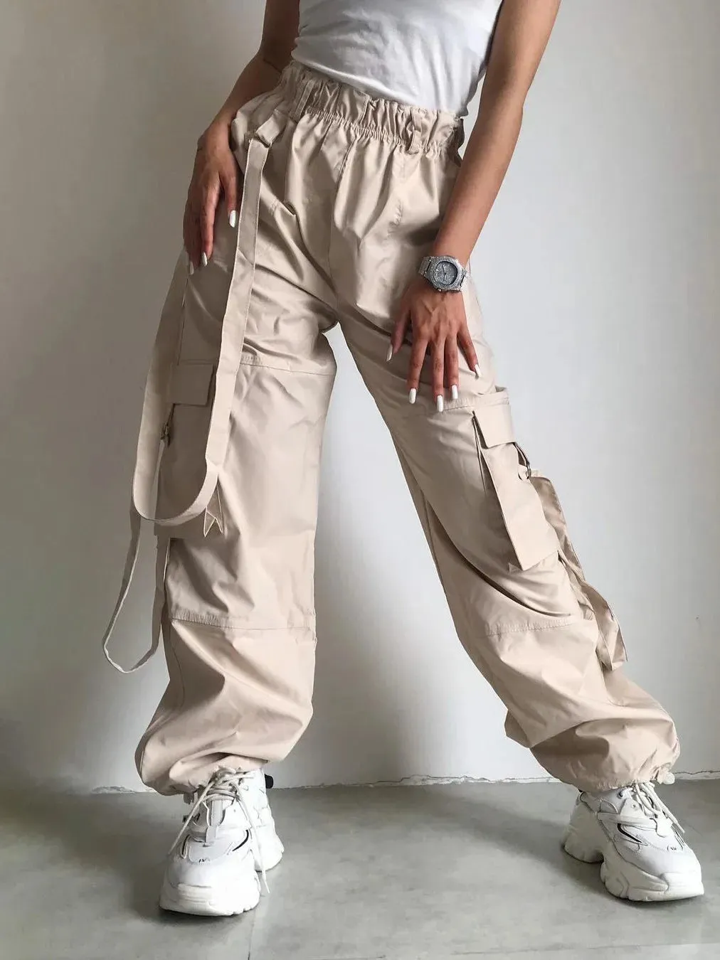 Fashion Sweatwear Winter Autumn High Pink Casual Waist Loose Pocket Cargo Baggy Pants