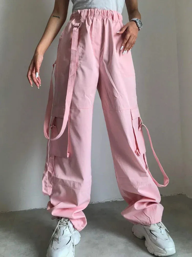 Fashion Sweatwear Winter Autumn High Pink Casual Waist Loose Pocket Cargo Baggy Pants