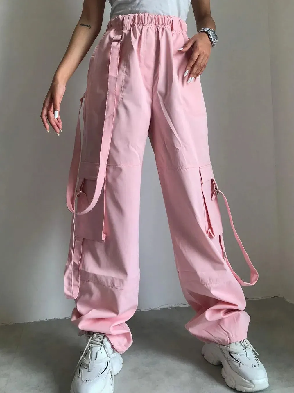 Fashion Sweatwear Winter Autumn High Pink Casual Waist Loose Pocket Cargo Baggy Pants