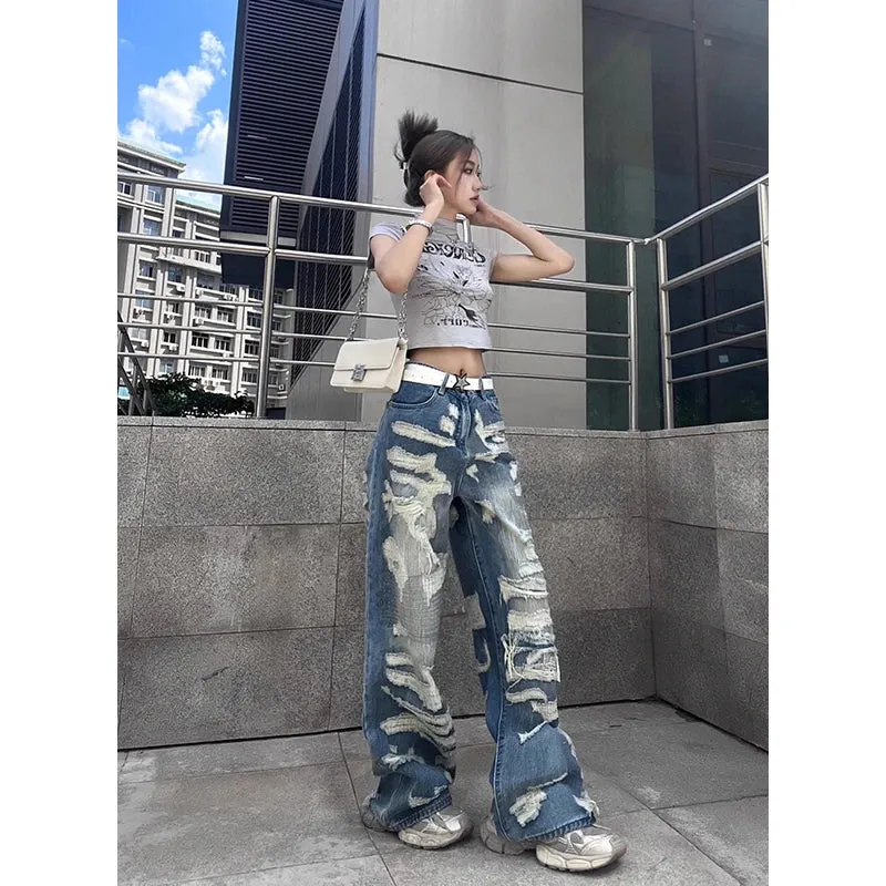 Fashion Y2K High Waist Wide Leg Denim Pants with Hollow Out Design