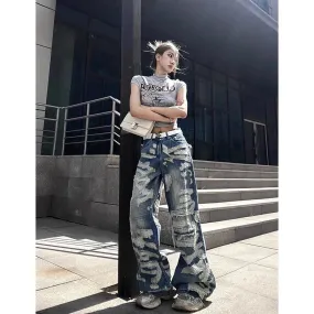 Fashion Y2K High Waist Wide Leg Denim Pants with Hollow Out Design