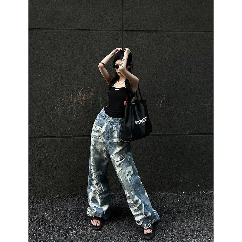 Fashion Y2K High Waist Wide Leg Denim Pants with Hollow Out Design