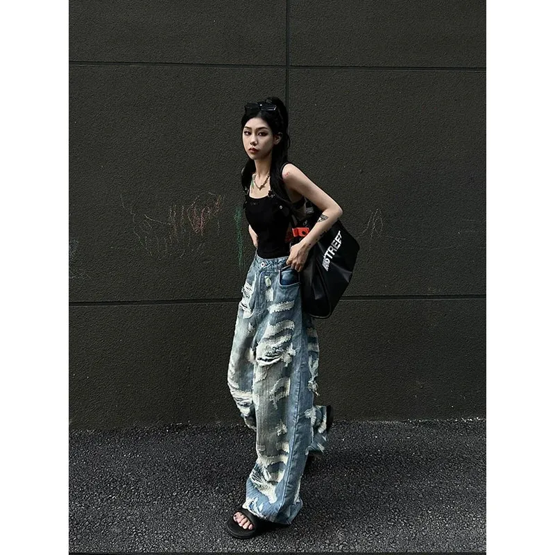 Fashion Y2K High Waist Wide Leg Denim Pants with Hollow Out Design